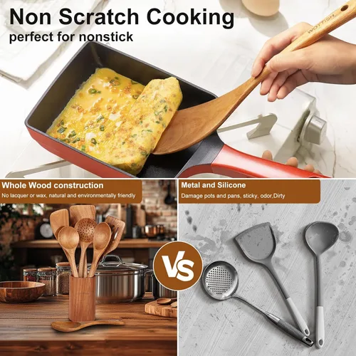 Miniatura 5 de Cucharas de madera para cocinar, juego de utensilios de cocina de madera de madera maciza natural, incluye cucharas, espátulas, cucharones, cuchara
