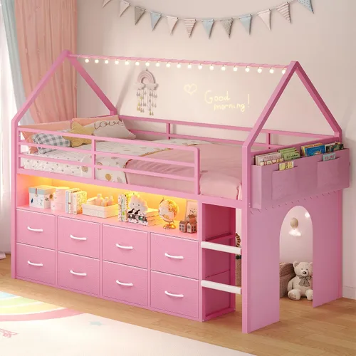 Miniatura 11 de BTHFST Cama tipo loft tamaño twin para niños, 8 cajones de almacenamiento y luces LED, cama de metal en forma de casa con estantería, escalera