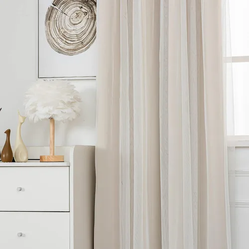 Miniatura 3 de INLINAS Cortinas opacas beige con superposición transparente, paneles térmicos y de reducción de ruido con ojales en la parte superior