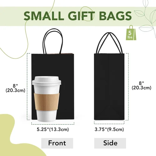 Miniatura 2 de MESHA Bolsas de regalo negras de 5.25 x 3.75 x 8 pulgadas, pequeñas bolsas de papel kraft con asas a granel, paquete de 100 para pequeñas empresas