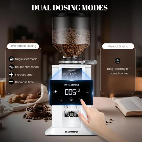 Miniatura 4 de Huanyu Molinillo de café profesional con rebaba plana de 2.913 in, tolva de frijoles de 53 onzas, 15 ajustes de molienda infinitos, molinillo