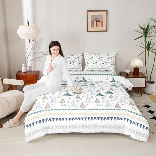 Miniatura 14 de Juego de edredón de Feliz Navidad para niños, tamaño twin, juego de ropa de cama de camión rojo árboles de pino copos de nieve, decoración