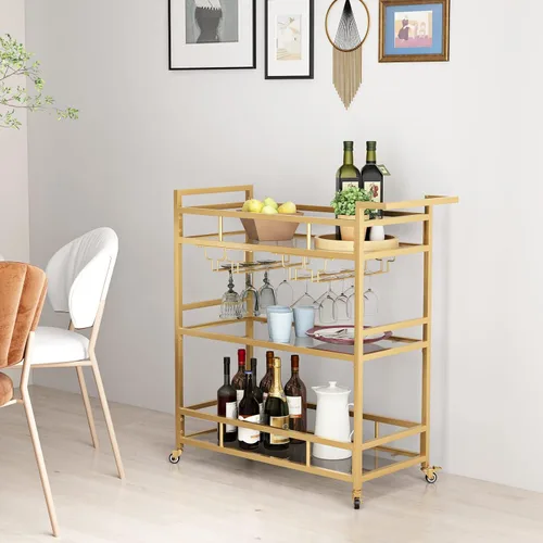 Miniatura 5 de Carritos de barra dorados con estantes de vidrio de 3 niveles, carrito de barra de servicio rodante con estante para vino y soporte para vidrio