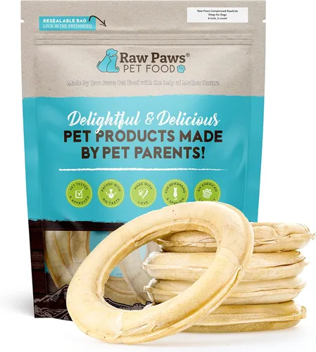 Raw Paws Anillos de cuero crudo comprimido para perros, 6 pulgadas, 5 unidades – empaquetados en los Estados Unidos – Anillos de cuero crudo – Donas
