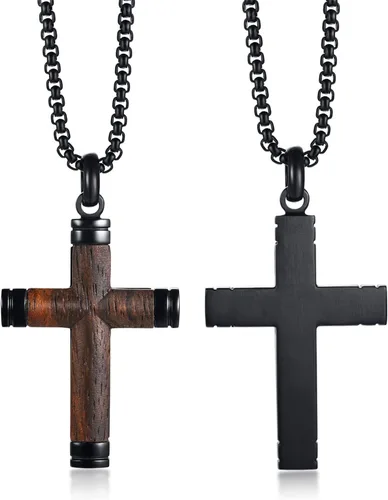Miniatura 7 de Collar de cruz de madera para hombre, sándalo real con incrustaciones a mano collares de cruz para hombre, colgante de crucifijo de acero inoxidable