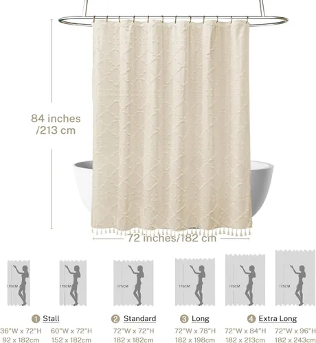 Miniatura 4 de Siiluminisoy Cortina de ducha extra larga de estilo bohemio, tela tejida, color crema/beige, 84 pulgadas, 72 x 84 pulgadas, diseño de cheurón