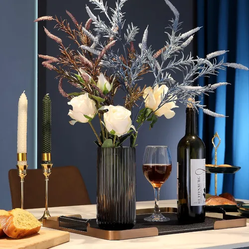 Miniatura 4 de Florero cilíndrico pequeño de cristal marrón acanalado para decoración de centros de mesa de comedor de granja