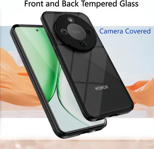 Miniatura 3 de QUIETIP Funda magnética para Honor Magic 8 Lite/Honor X9d, marco de metal de doble cara cubierta de vidrio templado transparente, negro