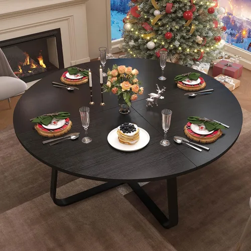 Miniatura 7 de LVB Mesa de comedor redonda negra de 42 pulgadas para 4 a 6, mesas de comedor circulares, mesas de cocina modernas de metal de madera, mesa