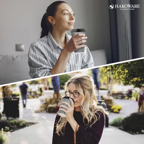 Miniatura 6 de Paquete de 85 tazas de café desechables de 16 onzas, vasos de papel de doble pared con tapas, diseño geométrico blanco y negro, tazas para beber