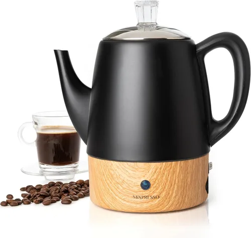 Mixpresso Cafetera eléctrica pequeña negra para 4 tazas de acero inoxidable, percolador de café eléctrico con función de mantener el calor, apagado