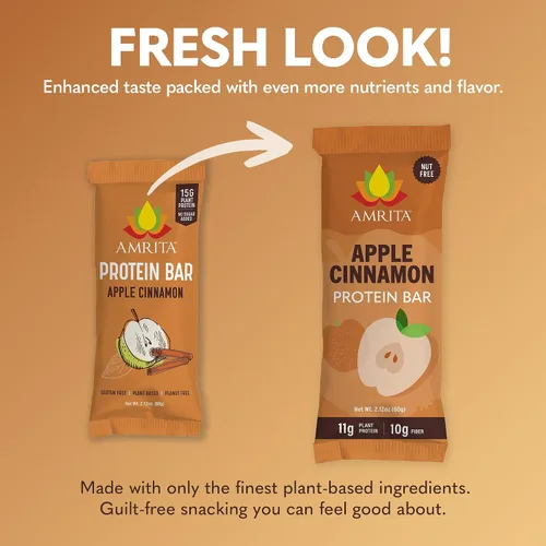 Miniatura 2 de Amrita - Barras de proteínas veganas sin frutos secos con manzana y canela (paquete de 12) Barra de proteínas de 11g a base de plantas Sin