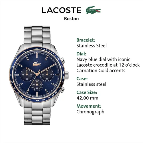 Miniatura 5 de Lacoste Reloj Boston de cuarzo para hombre con correa de acero inoxidable plata 20 Modelo 2011081 Plateado Reloj de cuarzo cronógrafo