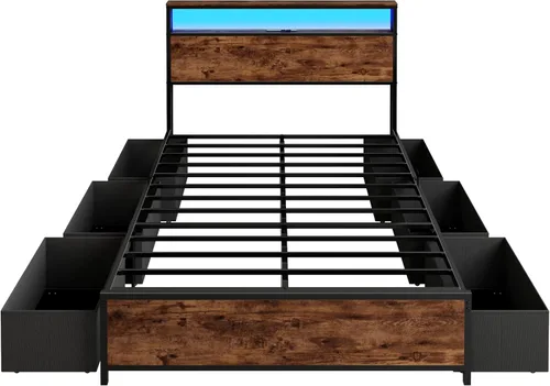 Miniatura 9 de Forestell Base de cama de tamaño matrimonial con cabecera de almacenamiento y 6 cajones, marco de cama resistente con estación de carga, luces LED