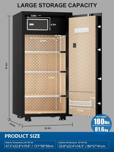Miniatura 2 de TIGERKING 11.5 pies cúbicos Caja fuerte grande y resistente para seguridad del hogar – Bloqueo digital con pantalla táctil, antirrobo, estantes Negro
