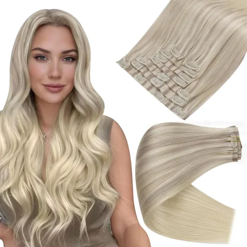 Miniatura 60 de Full Shine Extensiones de cabello humano con pinzas, cabello humano Remy invisible para mujer, color rubio platino, 20 pulgadas, 8 unidades, 4.23 oz