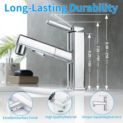 Miniatura 2 de HANLIAN Grifo extraíble de baño de un solo orificio con boquilla giratoria, grifo de una manija para lavabo de baño, grifo de baño moderno con Cromo