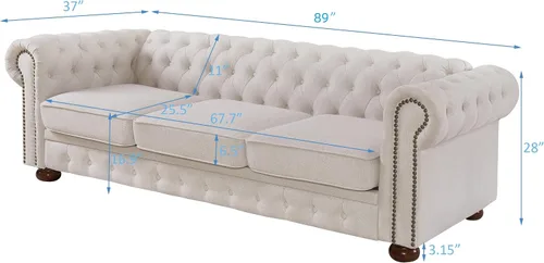 Miniatura 2 de Sofá Chesterfield de 89 pulgadas, sofá clásico de mediados de siglo con respaldo bajo, brazos enrollados y adornos de cabeza de clavo, sofá de 3