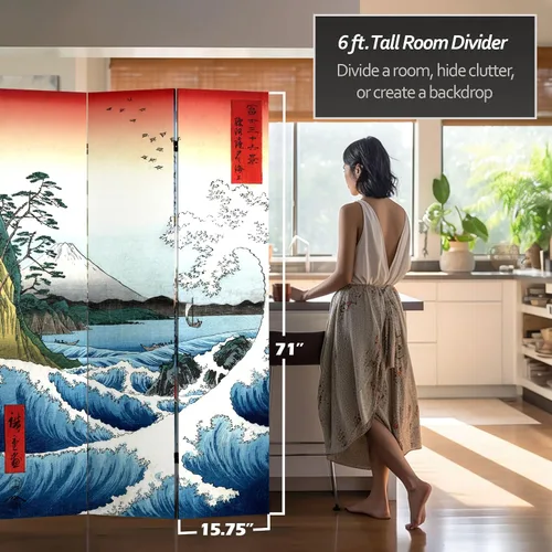 Miniatura 5 de Oriental Furniture - Divisor de habitación Hiroshige de doble cara de 6 pies de alto, color mar en Satta/Teahouse