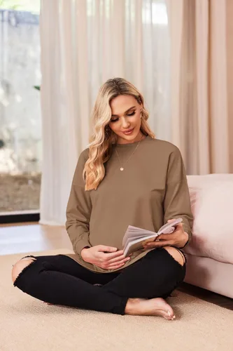 Miniatura 2 de Ekouaer Camisas de maternidad para mujer, manga larga, con abertura lateral, camiseta de embarazo, blusa tipo túnica, ropa casual para mamá