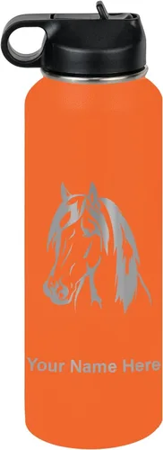 Miniatura 40 de LaserGram Botella de agua personalizada, cabeza de caballo 1, acero inoxidable de doble pared aislada al vacío con popote superior, regalo grabado
