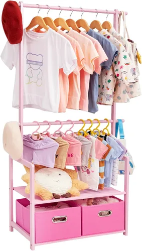 Miniatura 11 de Perchero de bambú para niños con 2 cestas de almacenamiento y 2 varillas ajustables para colgar, soporte para ropa infantil con estante, estantes