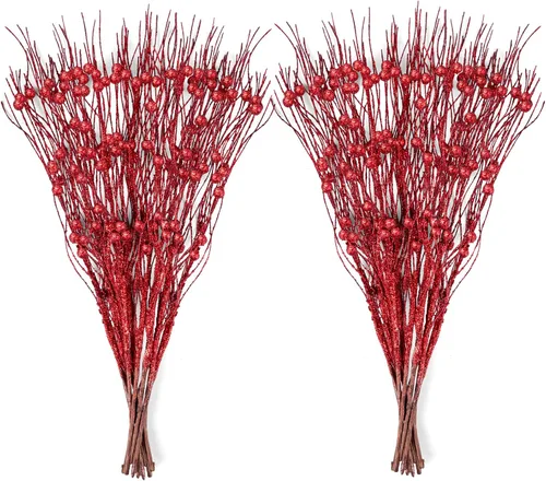 Yen Jean 30 piezas de decoración de árbol de Navidad, tallos de bayas artificiales con purpurina roja, adornos de Navidad, florero, decoración de