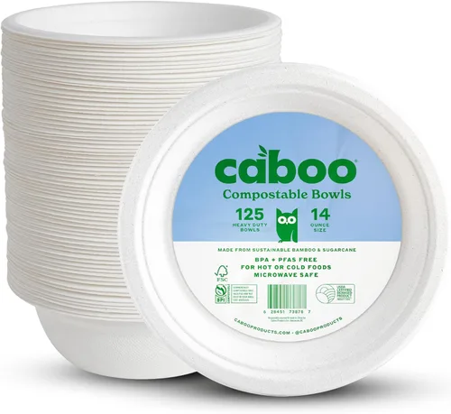 Caboo Cuencos desechables de papel de bambú, paquete de 125 cuencos biodegradables resistentes de 14 onzas, cuenco compostable, cuenco de fiesta