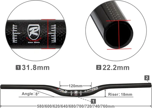Miniatura 2 de Manillares de carbono, manillares de bicicleta de montaña, barras elevadoras 31.8mm 3K mate brillante 680mm 700mm 720mm 740mm 760mm manillares MTB