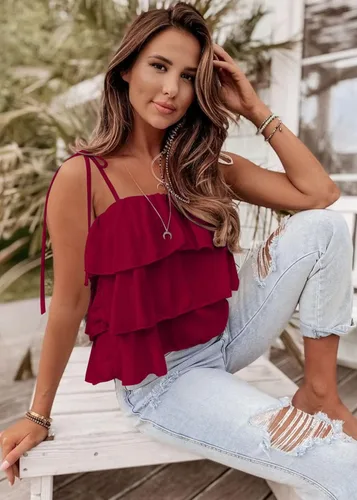 Miniatura 3 de KIRUNDO Camiseta sin mangas con tirantes delgados para mujer, de verano, con capas, con volantes, con lazo en el hombro, con vuelo, sin mangas