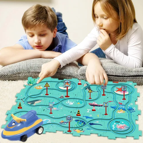 Miniatura 4 de Relleno de Calcetín Navideño Juego de 25 Piezas de Rompecabezas de Pista de Autos de Carrera para Niños, Serie Oceánica Juego de Pista de Autos