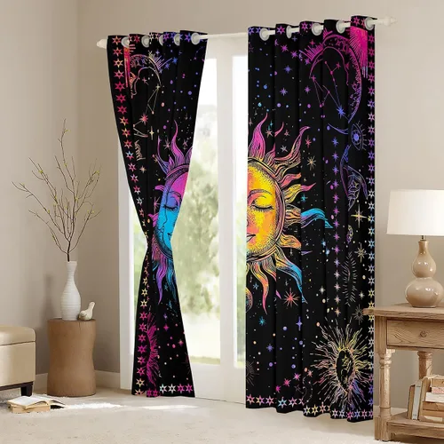Miniatura 4 de Cortinas opacas con diseño de galaxia psicodélica, estilo bohemio, sol, luna, arcoíris, teñido anudado, 84 pulgadas de ancho x 63 pulgadas de largo