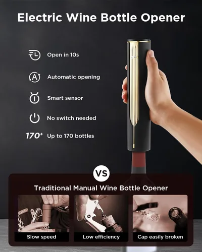 Miniatura 2 de Newise Abridor de Vino Eléctrico Recargable con Base de Carga y Cortador de Papel de Aluminio, Sacacorchos Automático para 60 Botellas, Regalo