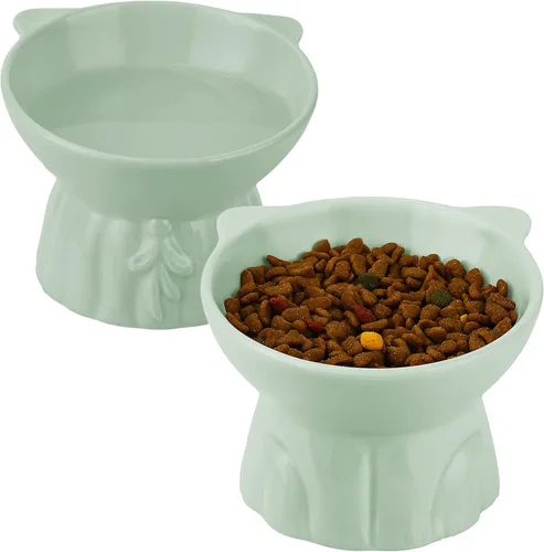 Paquete de 2 cuencos elevados para gatos, platos elevados de cerámica para alimentos y agua para gatos, diseño extra ancho y poco profundo,