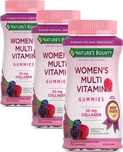Miniatura 9 de Nature's Bounty Optimal Solutions Multivitamínico para Mujeres, Apoyo Inmunológico y de Energía Celular, Salud Ósea, Sabor a Frambuesa, 80 Gomitas