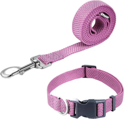 Miniatura 7 de Juego de collar y correa reflectante para perro, correa de nailon para perro con anillo en D de acero resistente, ajustable con hebilla de Cian
