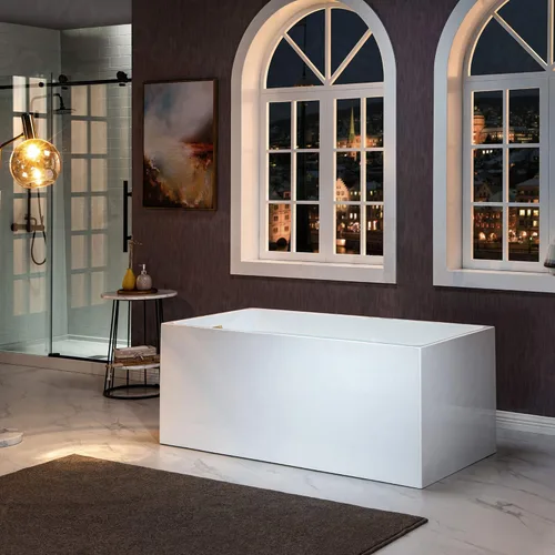 Miniatura 11 de WOODBRIDGE Bañera de acrílico independiente de 67 pulgadas, bañera blanca de remojo contemporáneo con desbordamiento y drenaje de oro cepillado