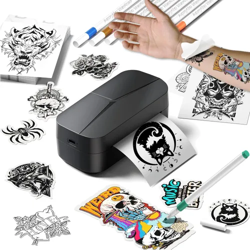 Phomemo Impresora de tatuaje temporal colorida, impresora de plantillas de tatuaje temporal Bluetooth | Juego completo con 8 marcadores y 50 papeles