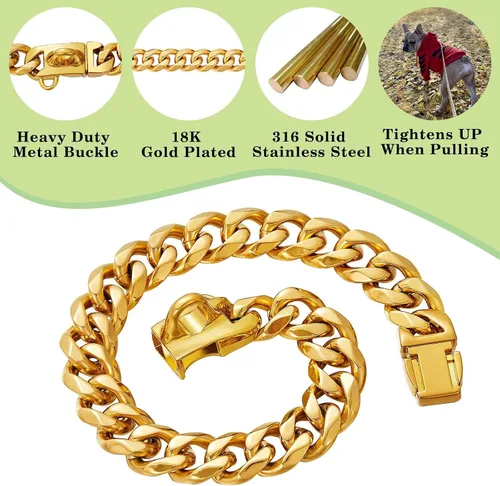 Miniatura 2 de Collares para perros de acero inoxidable plateado dorado con cierre de seguridad, collar de cadena tipo cubano de 18K para entrenamiento, collar Oro