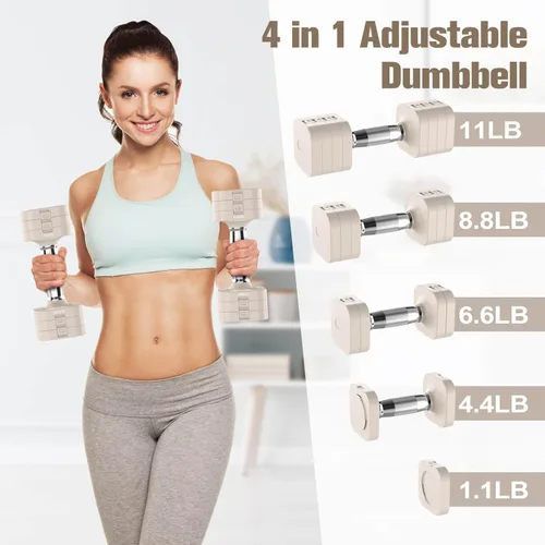 Miniatura 2 de Hezeyferg Juego de mancuernas ajustables de 22 libras, mancuernas de peso ajustable con 4 niveles de 4.4 libras, 6.6 libras, 8.8 libras, 11 libras
