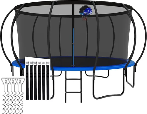 Miniatura 14 de Trámpolines de 1500 libras 8 10 12 14 15 16 pies para niños y adultos con red de protección, estacas para viento, aro de baloncesto, trámpolines