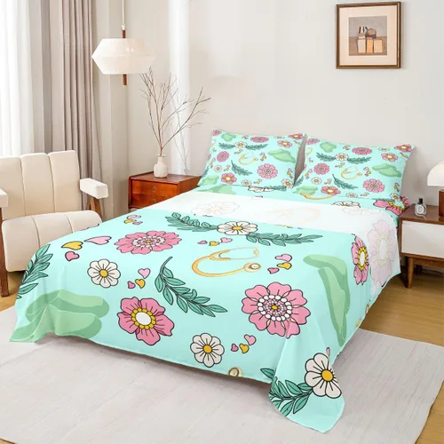 Miniatura 17 de Erosebridal Nurse Sheet Set Stethoscope Twin Sheets Set for Teen Boys,Colorful Medical Healthcare Heartbeat Syringe Fitted Sheet