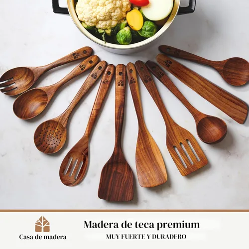 Miniatura 2 de Woodenhouse - Cucharas de madera para cocinar, juego de utensilios de cocina de madera con soporte, soporte para cuchara y ganchos, utensilios