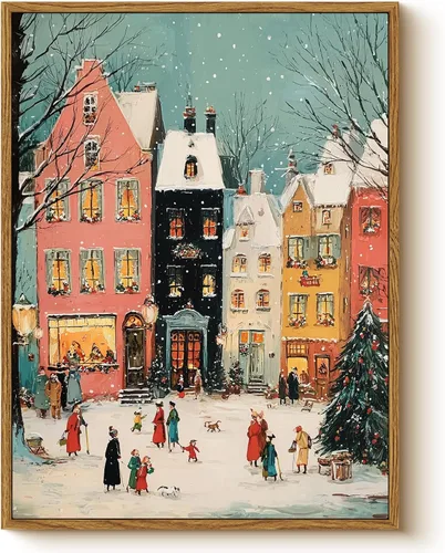 Miniatura 9 de Arte de pared con trineo, árbol navideño y cajas de regalo, 12 x 16 pulgadas, lienzo enmarcado de Navidad, cuadro rústico festivo, obra de arte