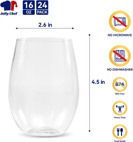 Miniatura 2 de JOLLY CHEF Paquete de 24 vasos de vino de plástico sin tallo de 16 onzas, vasos desechables de vino, calidad premium, reciclables, irrompibles