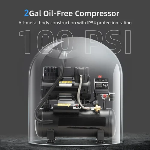 Miniatura 4 de Compresor de aire, 2.0 galones, 1.0 HP sin aceite, máximo 115 PSI, 65dB ultra silencioso, para reparación de automóviles, inflado de neumáticos