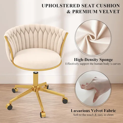 Miniatura 4 de Silla de escritorio de terciopelo, moderna silla de oficina con ruedas, sillón giratorio de tocador para el hogar con respaldo tejido, asiento