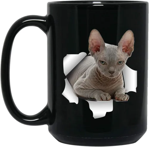 Divertida taza de café con diseño de gato Sphynx para hombres, mujeres, amantes de los gatos, regalos de Navidad 2023, color negro, 15 onzas