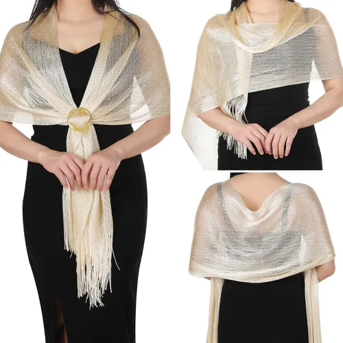 Miniatura 5 de Aster Chales metálicos brillantes y envolturas para vestidos de noche con hebilla para mujer, chales y envolturas para fiesta, novia, dama de honor