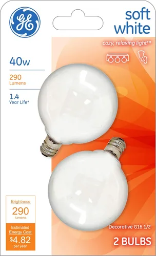 Miniatura 2 de GE Bombillas de globo incandescentes, bombillas decorativas G16.5, blanco suave, 40 W, 290 lúmenes, base de candelabro, paquete de 2, bombillas
